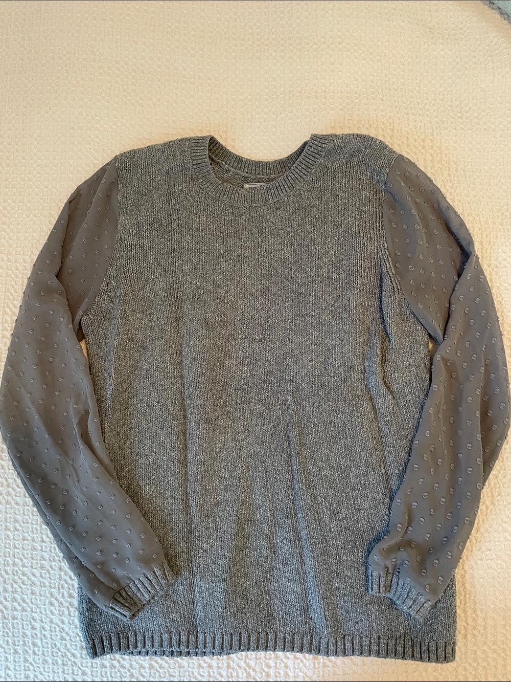 Heather Gray Crewneck Sweater with Sheer Dot Sleeves